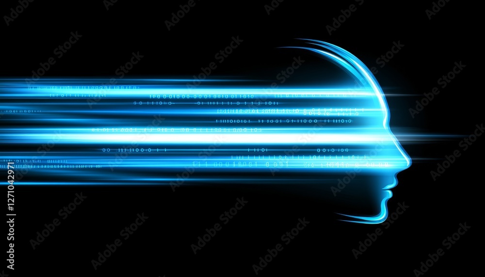 Poster blue circuit board head profile with binary code artificial intelligence concept illustration