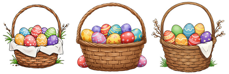 Set of three baskets filled with colourful easter eggs, clipart illustrations, isolated on a transparent background