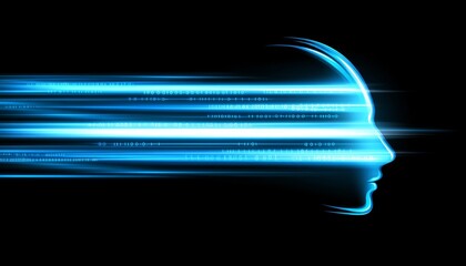 Blue Circuit Board Head Profile with Binary Code Artificial Intelligence Concept Illustration