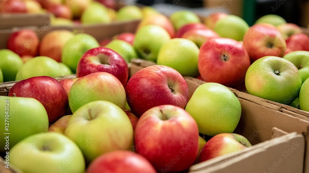 Poster vibrant display of fresh red and green apples in a rustic market setting : generative ai