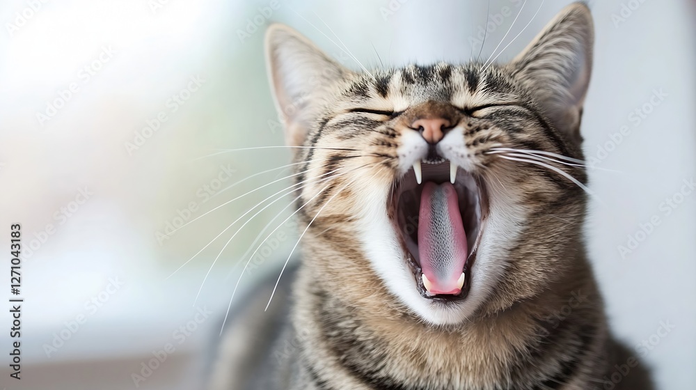 Poster playful tabby cat yawning happily in bright natural light with cheerful expression : generative ai