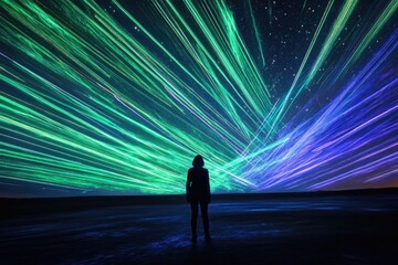 Fototapeta premium Silhouette of a person gazing at vibrant, dynamic light streaks across the night sky.