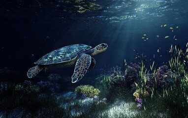 Fototapeta premium A sea turtle gracefully swimming above a coral reef