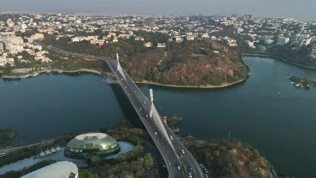 An Aerial shot of Durgam Cheruvu Cable Bridge at Hyderabad in India
