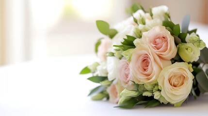 Beautiful Bouquet of Soft Pink Roses with Fresh Green Leaves on Table : Generative AI