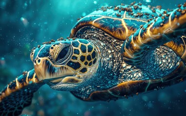 Fototapeta premium A sea turtle with barnacles on its shell in deep water