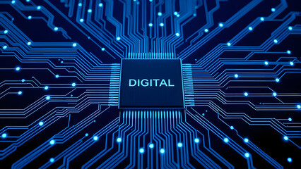 A blue circuit board represents high-tech electronic engineering