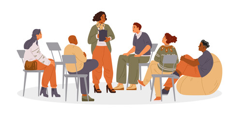 African American woman psychologist with patients on group therapy session flat vector illustration isolated on white. Diverse group of people sitting in circle.