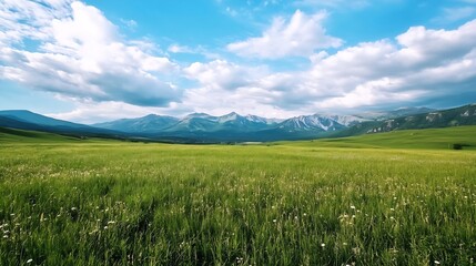 Fototapeta premium Expansive green meadow under a blue sky with white clouds and majestic mountains in the distance : Generative AI