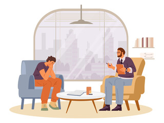Man crying during psychological therapy session at psychologist's office flat vector illustration. Psychologist with patient in the interior.