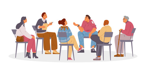 Psychologist with patients on group therapy session flat vector illustration isolated on white. Man sharing his problems with diverse group of people.