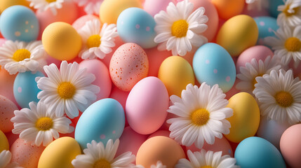 A background filled with flowers and eaaster eggs, soft pastel olors