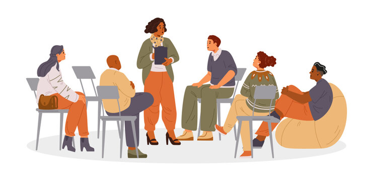 African American woman psychologist with patients on group therapy session flat vector illustration isolated on white. Diverse group of people sitting in circle.