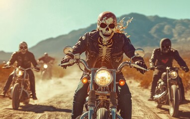 A skeleton biker gang riding through the desert on motorcycles