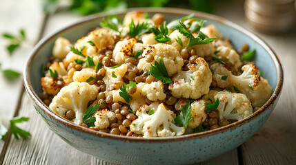 Bowl of roasted cauliflower and lentils, garnished with fresh parsley, a healthy and flavorful combination.