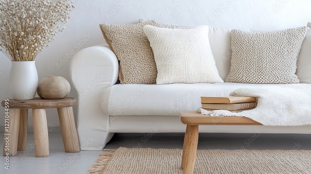 Poster cozy living room setting with a comfortable sofa adorned with cushions and decorative elements : gen