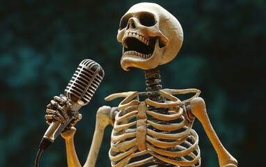 A skeleton comedian holding a microphone and telling jokes