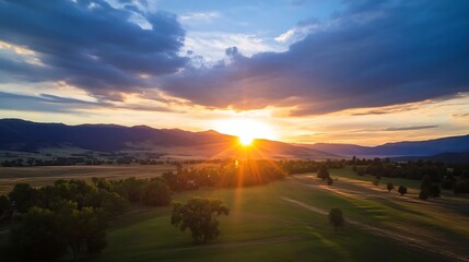 Stunning sunset over rolling hills and picturesque landscape with vibrant colors and dramatic clouds : Generative AI