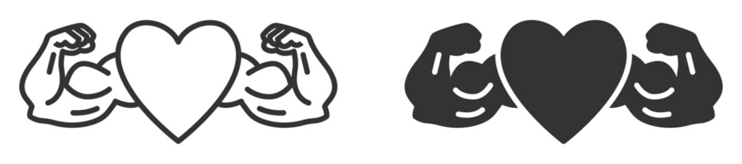 Strong heart with muscular arms outline and solid icon.