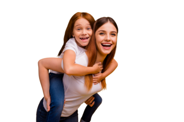 Close-up portrait of two nice attractive lovely cheerful cheery playful person mommy having fun free time piggy backing isolated over bright vivid shine yellow background