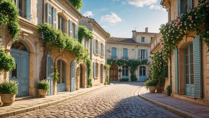 Obraz premium Picturesque french village with charming stone houses and blooming flowers adorning the cobblestone street