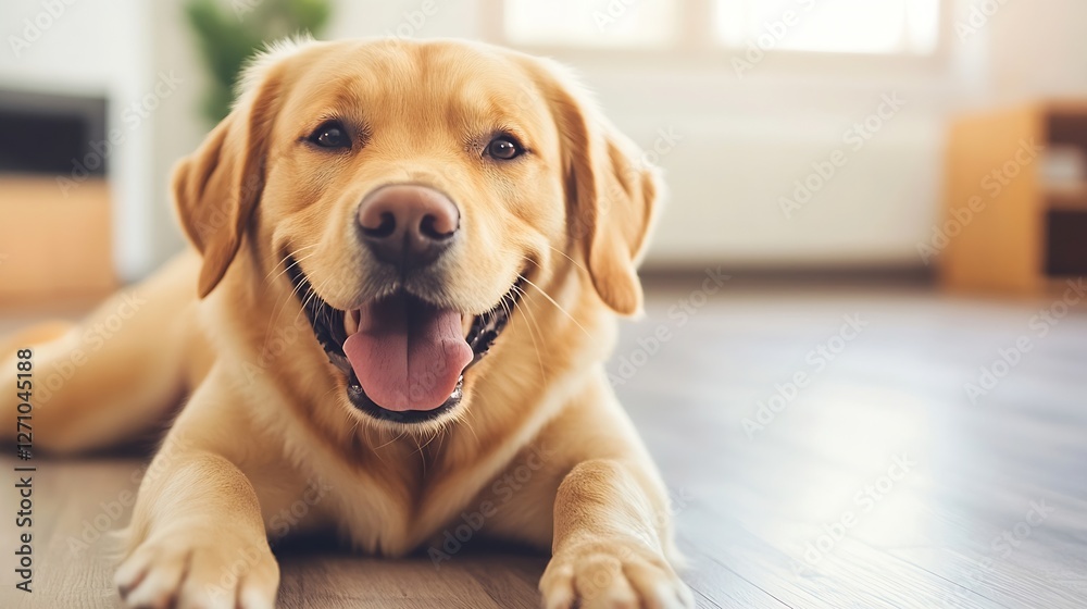 Poster happy golden retriever dog lounging comfortably at home with a warm expression on its face : generat