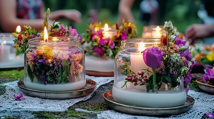Summer solstice celebration with floral candle lanterns outdoor gathering nature setting close-up tradition