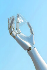 A white robot hand holding a glowing "AI" chip against a light blue background. AI chip artificial intelligence.