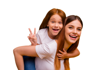 Close-up portrait of two nice-looking attractive lovely cheerful cheery glad playful person having fun free time holiday weekend showing v-sign isolated over bright vivid shine yellow background