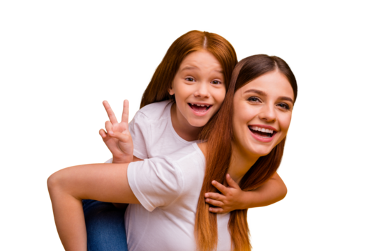 Close-up portrait of two nice-looking attractive lovely cheerful cheery glad playful person having fun free time holiday weekend showing v-sign isolated over bright vivid shine yellow background