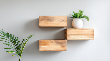 Stylish wooden wall shelves modern interior home decor minimalist space eye-level view aesthetic organization