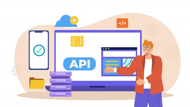 Vector scene animation explaining API technology, with scenes showing how APIs are used to exchange data between applications, enhancing functionality and user experience.