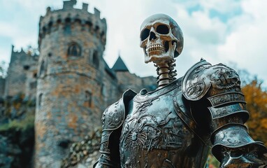 Obraz premium A skeleton knight in shining armor standing in front of a medieval castle