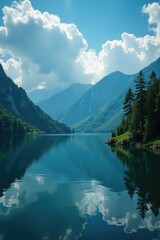 Clouds suspended above a lake in the Carpathian Mountains, lake scene, serene atmosphere