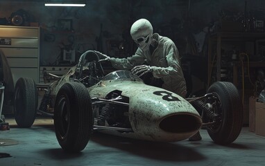 A skeleton mechanic working on a race car in a garage