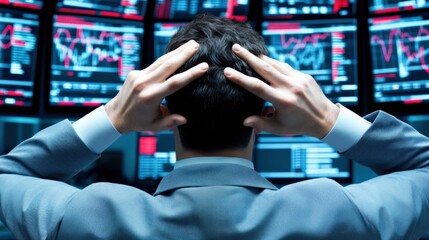 Market analyst overwhelmed by data insights financial hub digital analysis modern office rear view stress management techniques