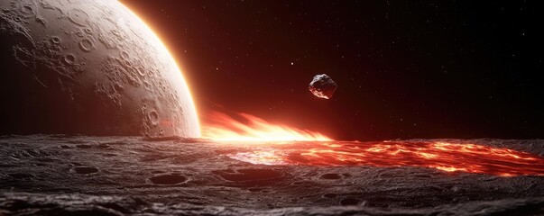 Obraz premium Asteroid impact idea. A stunning view of a volcanic landscape on an alien moon illuminated by distant stars.