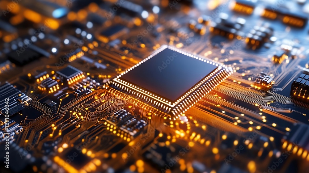Poster Close up of a complex microchip on a circuit board glowing with intricate electronic details and connections : Generative AI