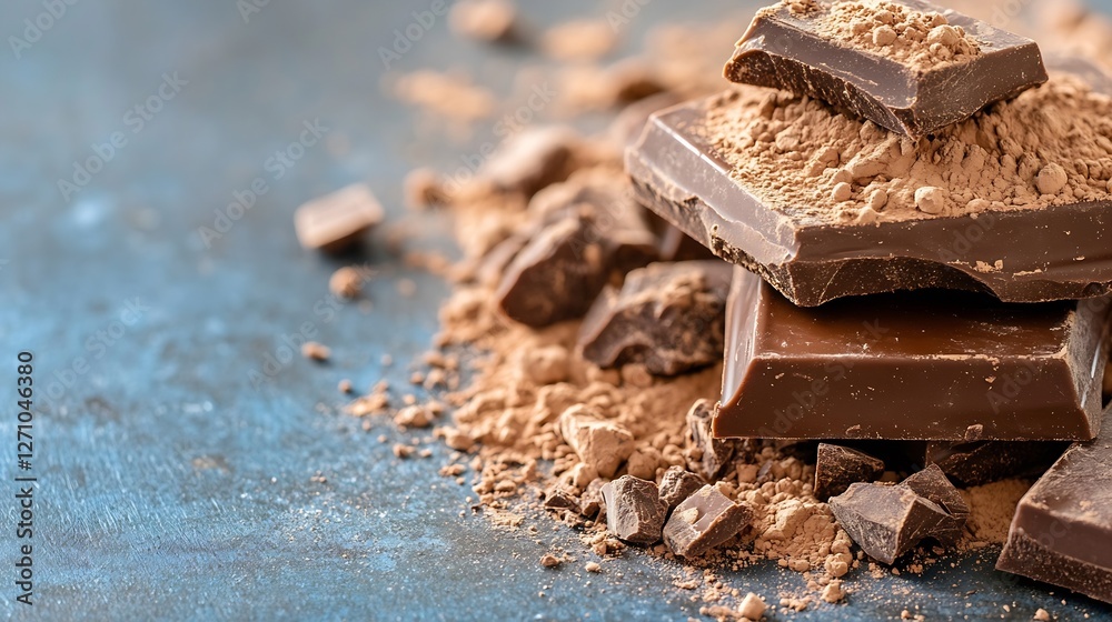 Poster delicious dark chocolate pieces and cocoa powder scattered artfully on a textured surface creating a
