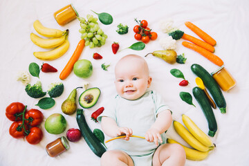 Obraz premium Healthy baby child nutrition, food background, top view.