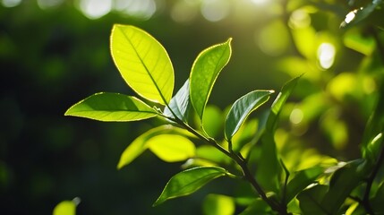 Vibrant Green Leaves Bathed in Soft Sunlight Representing Nature's Beauty and Freshness : Generative AI