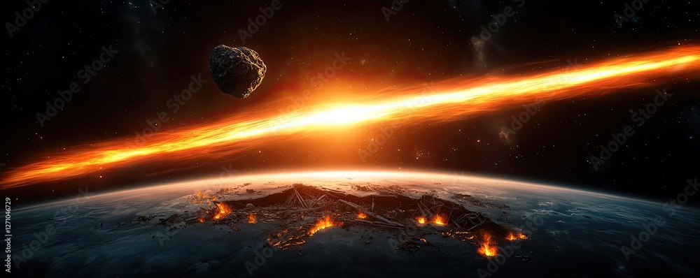 Poster Asteroid impact concept. A dramatic cosmic event showcasing a fiery impact on Earth from space.