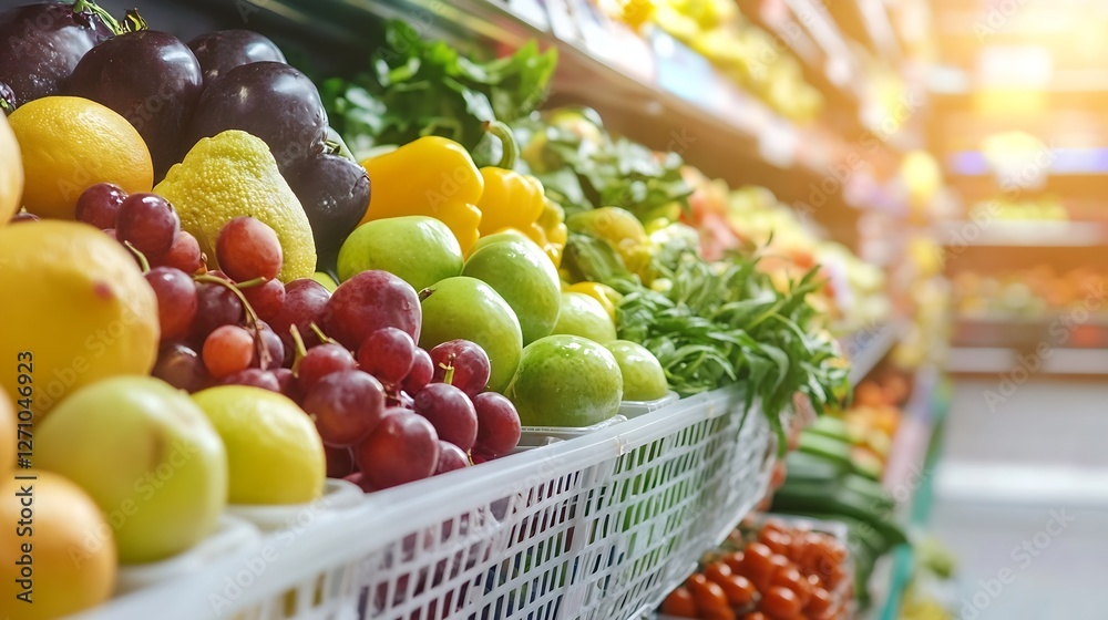 Poster close up view of assorted fresh fruits and vegetables on shelves in a grocery store : generative ai
