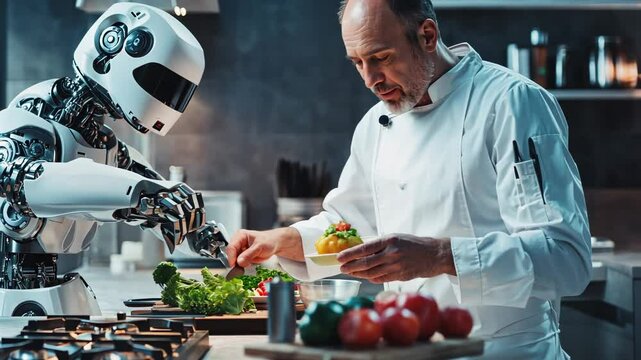 Robot chef assists human in modern kitchen preparation