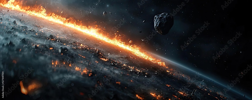 Aufkleber Asteroid impact concept. A stunning view of a burning planet surrounded by cosmic debris and asteroids.