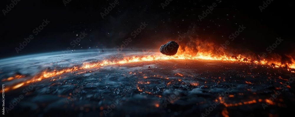 Poster Asteroid impact concept. A stunning view of a fiery planet with an asteroid approaching its surface.
