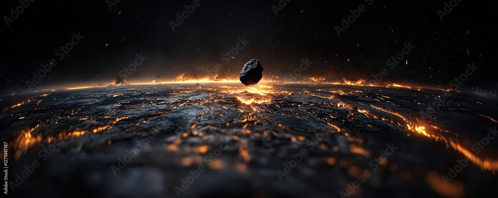 Poster Asteroid impact concept. A striking view of a celestial body over a glowing, active surface of a planet.