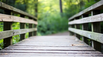 Fototapeta premium Serene Perspective of a Weathered Wooden Bridge Leading Through Lush Green Forest : Generative AI