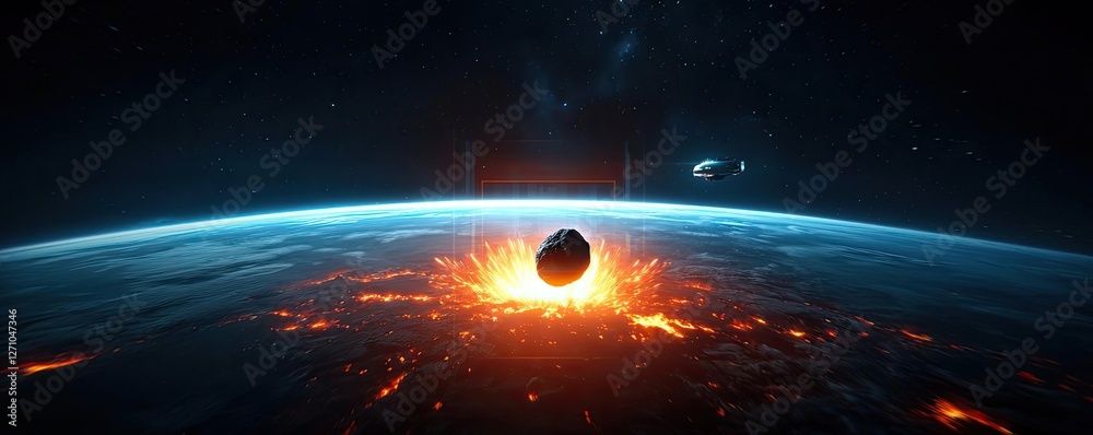 Poster asteroid impact idea. a dramatic view of an asteroid colliding with earth, showcasing explosive ener