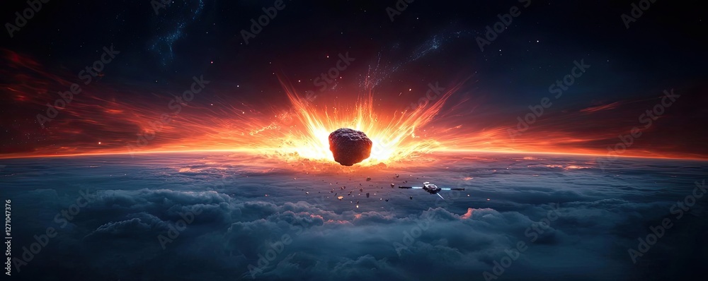 Poster asteroid impact idea. dramatic asteroid entering earth's atmosphere, creating stunning light effects